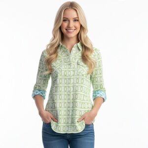 Tizzie button down green & white top size small